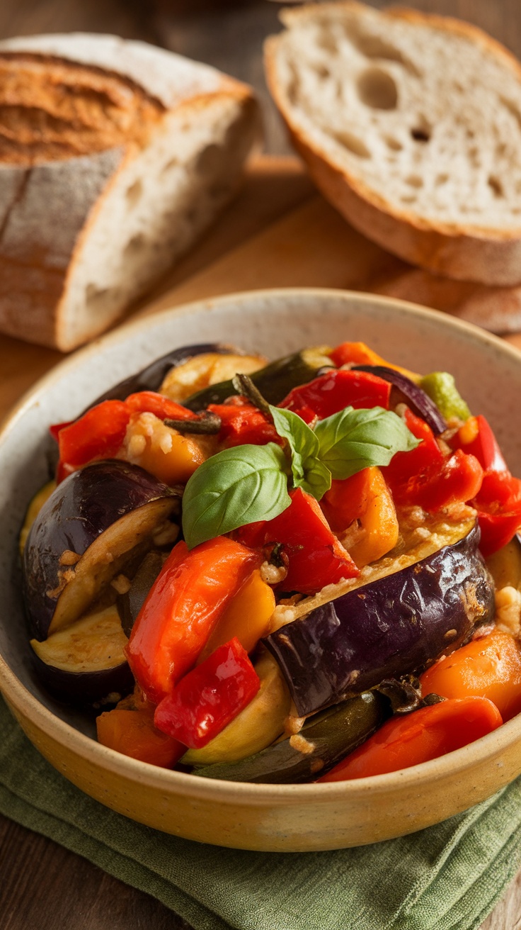 A bowl of colorful slow-cooked ratatouille with summer vegetables and fresh basil, next to a slice of bread.